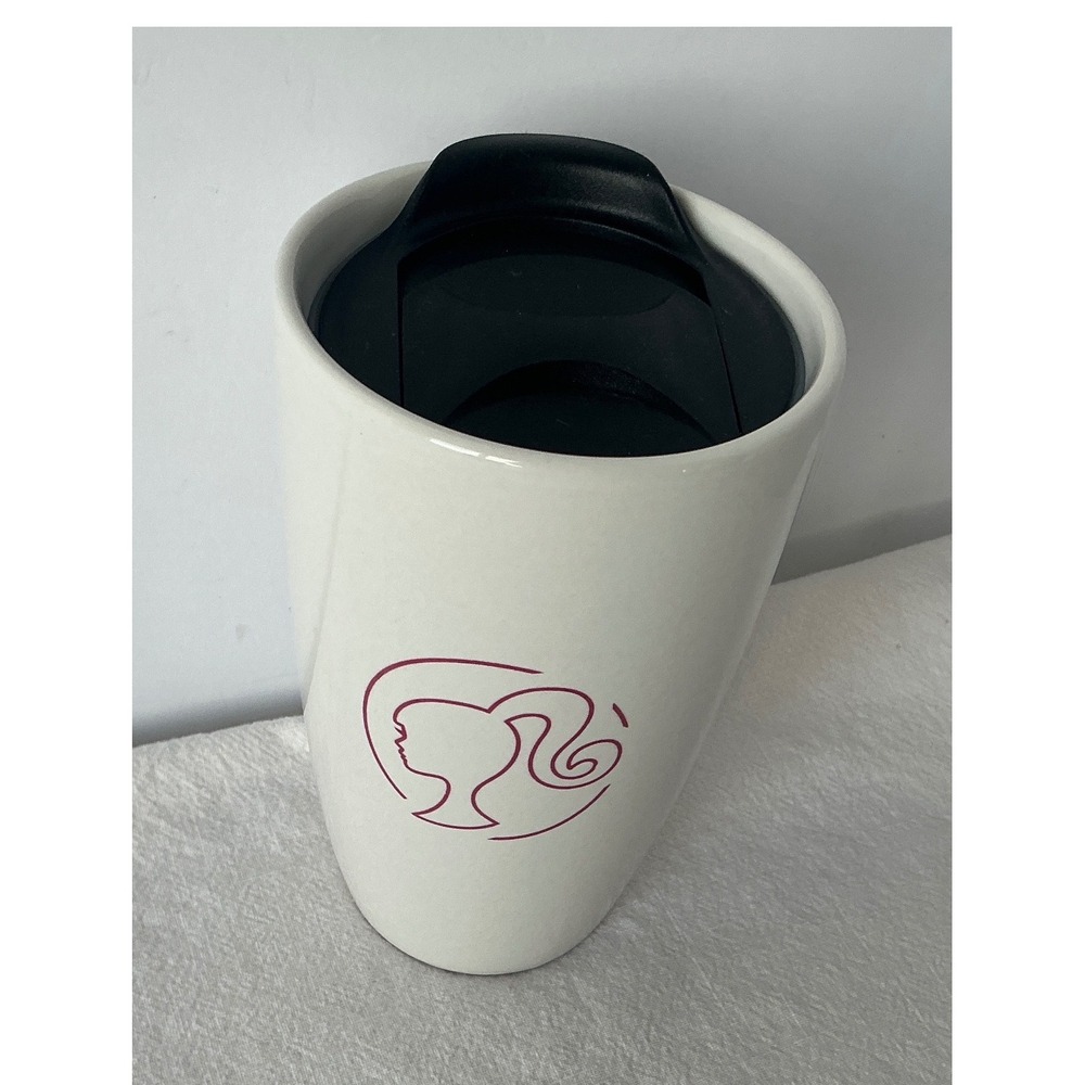 Barbie Modern Gourmet Foods Travel Mug Stoneware Pink Logo White Tumbler 2024
